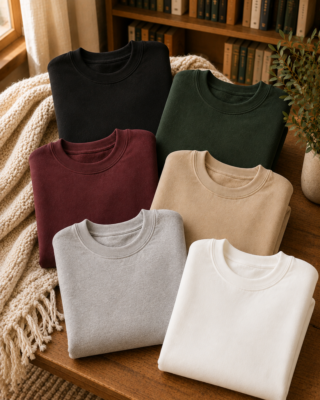 Five folded crewneck sweatshirts in different colors are arranged on a woven blanket with cozy props. The sweatshirts have the words 'fictionally busy' printed across the chest in contrasting lettering.